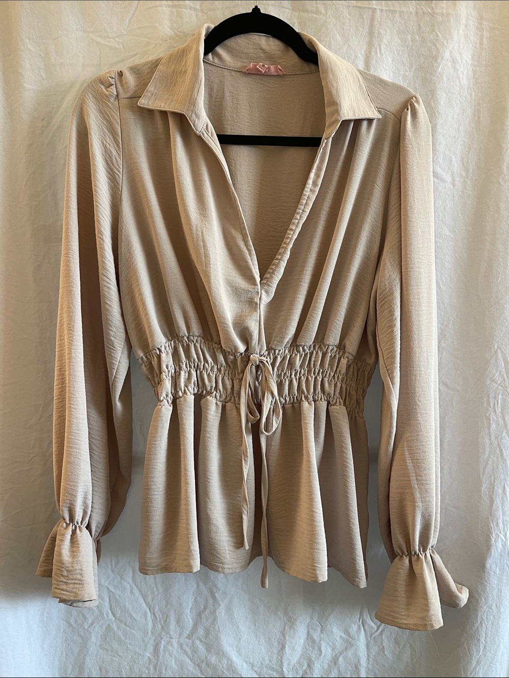 Drawstring Ruched Waist Long-Sleeve Blouse in Beige